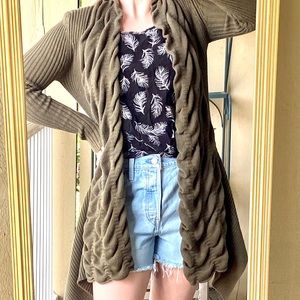 Textured Draped Waterfall Cardigan Olive Green